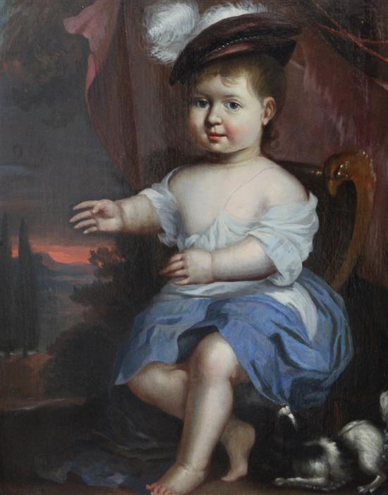 Jan Mytens (1614-1670) Portrait of a young boy seated with a small dog 17.5 x 14in.